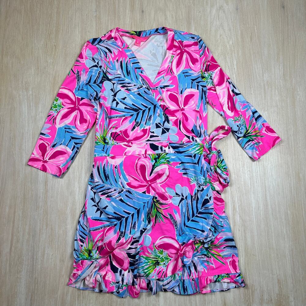 Lilly Pulitzer Pink Tropical Floral Wrap Romper Jumpsuit Large Resort Preppy